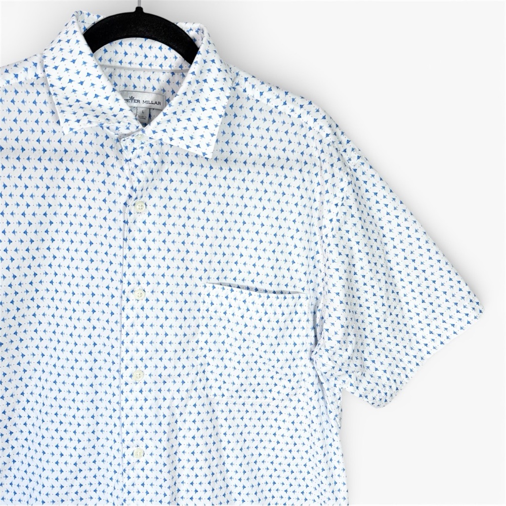 Peter Millar Button Down Shirt Large Catch Of The Day Short Sleeve Pocket Fish